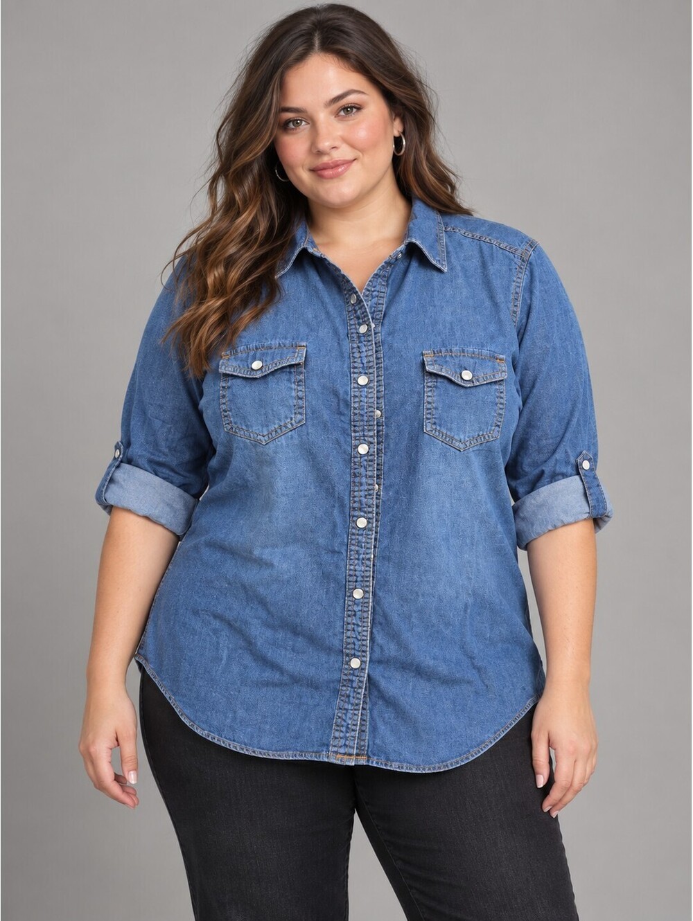 Faded Glory Denim Pearl Snap Shirt 2X | Western Cowgirl Roll-Tab Cotton Top